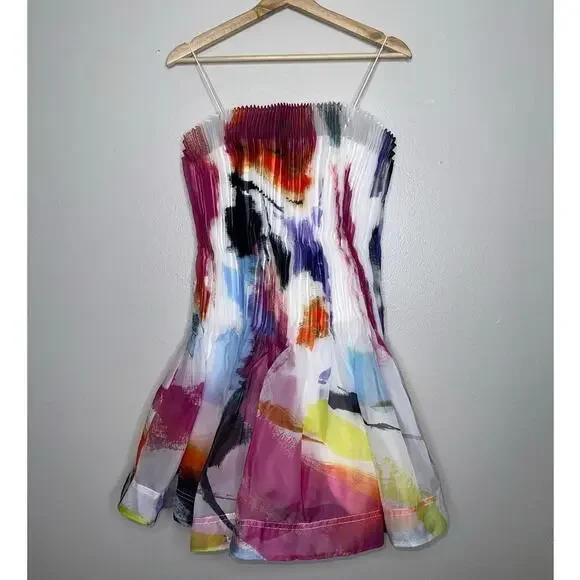Aje Celestial Pleated Organza Sleeveless Mini Dress Abstract Pink Blue Size 6